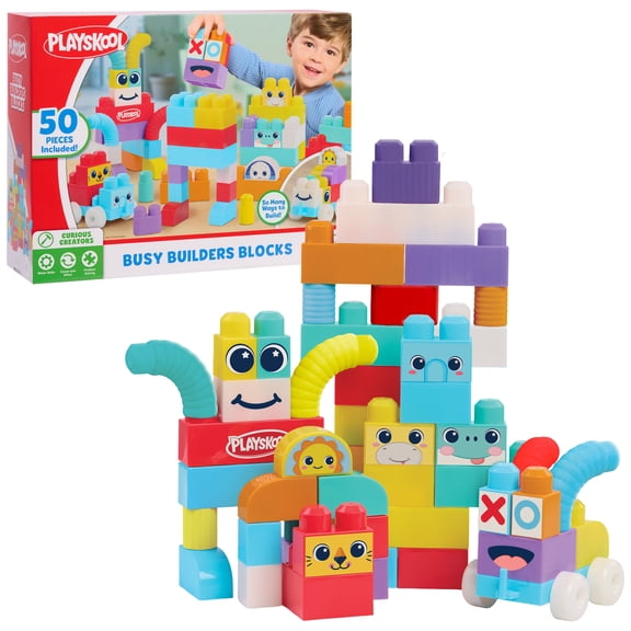Playskool Busy Builders Blocks, Curious Creators Learning Toy, 50-Piece Building Blocks Set, Ages 18 Months