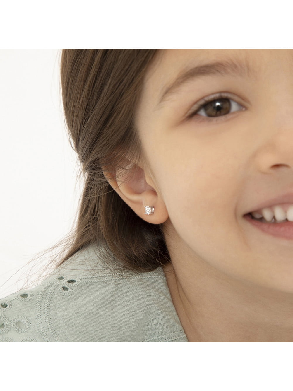 Classic Solitaire Simulated Diamond Kids Earrings Screw Back - Sterling Silver