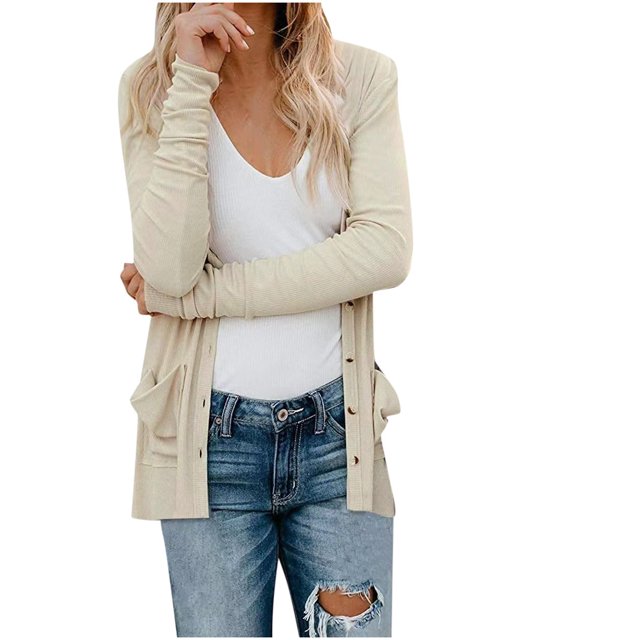 Chaqueta cárdigan con botones sueltos de manga larga informal de color sólido para mujer con bolsillo Pompotops qwe17551