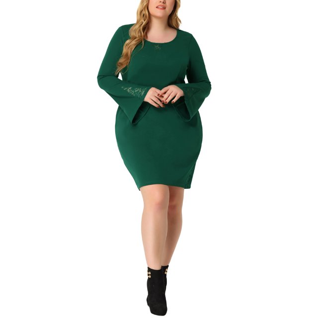 GRACE & GRANDEUR Robe de Soirée Grande Taille pour Femmes Col Rond Dentelle Manches Évasées Moulante Cocktail Mini Robes 4X Vert