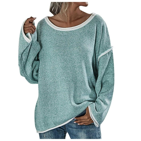Clearance under $5 JINMGG V Neck Sweaters for Women Fall Winter Clearance,Women's Fashion Solid Loose Round Neck Long Sleeve Pullover