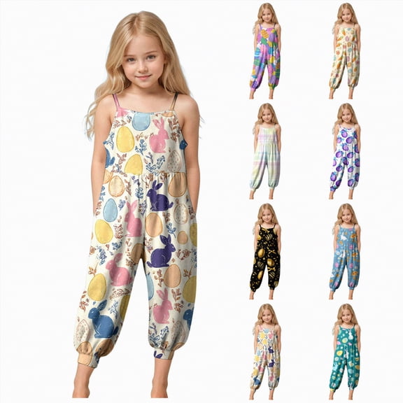YDFCWXW Girls Sleeveless Jumpsuit Easter Outfit Toddler Girl Overalls Cute Bunny Spaghetti Strap Romper Baby Spring Clothes (Black, 9-10 Years)