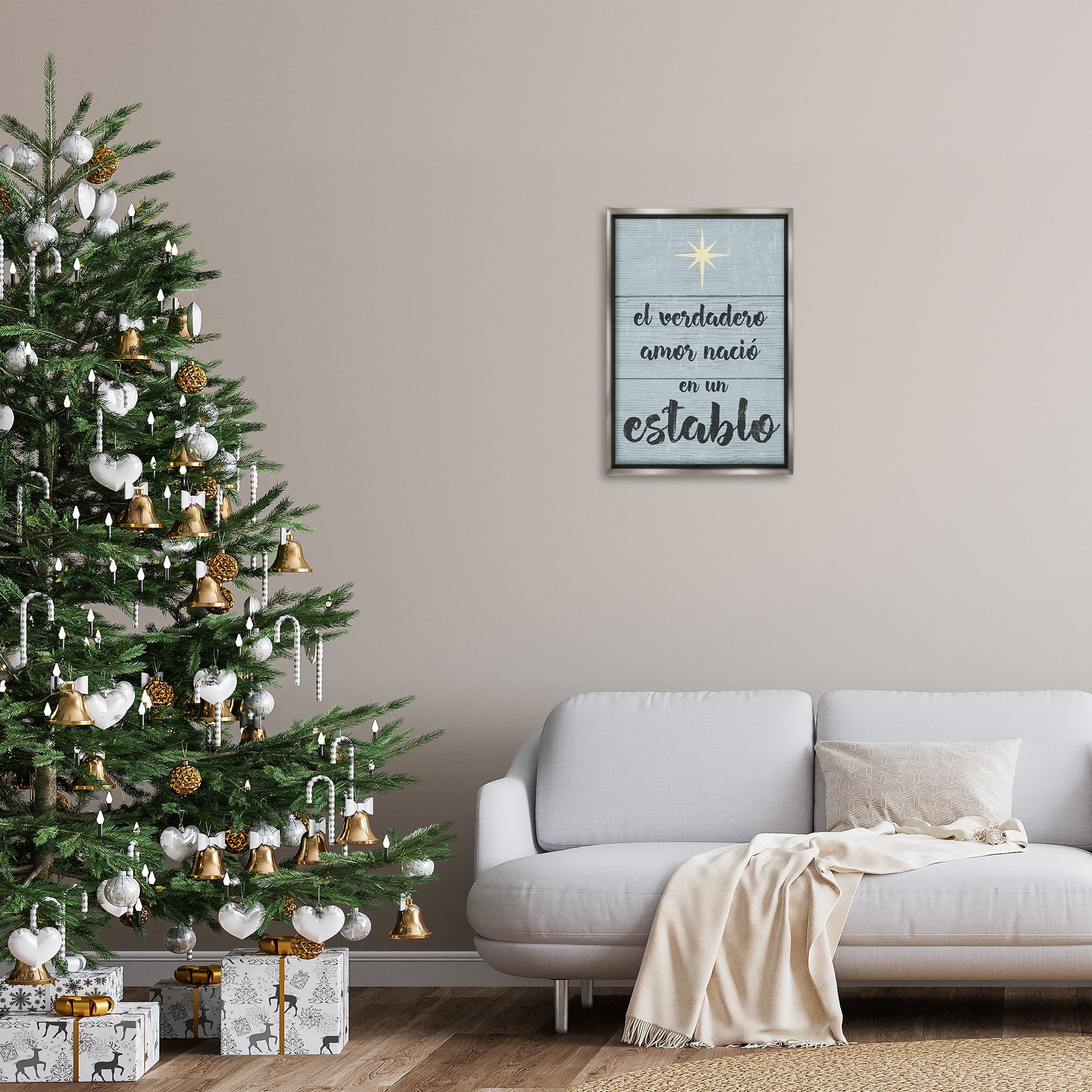 Stupell Industries Amor Verdadero en un Establo Holiday Painting Gray Floater Framed Art Print Wall Art, 17 x 25
