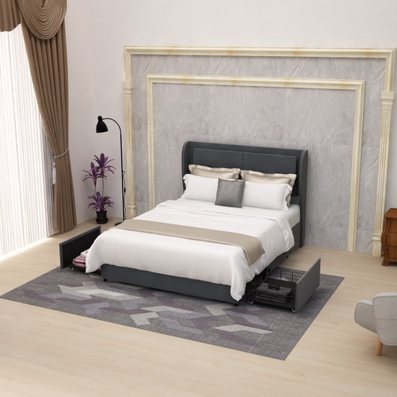 ULEW | Cama Queen Tapizada en Lino con Marco Metálico y Luz LED Integrada | Estructura de Madera Contrachapada y Espuma | Diseño Moderno y Confortable| Tamaño 163x217.5x129.5 cm
