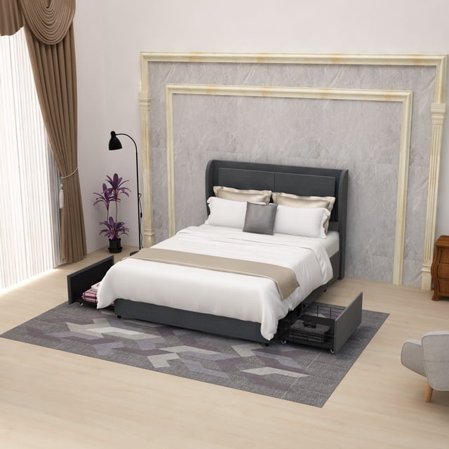 ULEW | Cama Queen Tapizada en Lino con Marco Metálico y Luz LED Integrada | Estructura de Madera Contrachapada y Espuma | Diseño Moderno y Confortable| Tamaño 163x217.5x129.5 cm