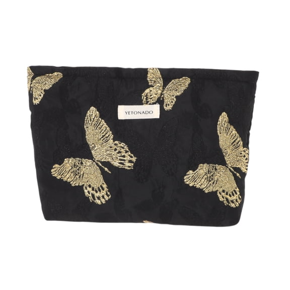 Unique Bargains 1 Pc Vintage Butterfly Makeup Bag for Women with Smooth Zipper Black Large
