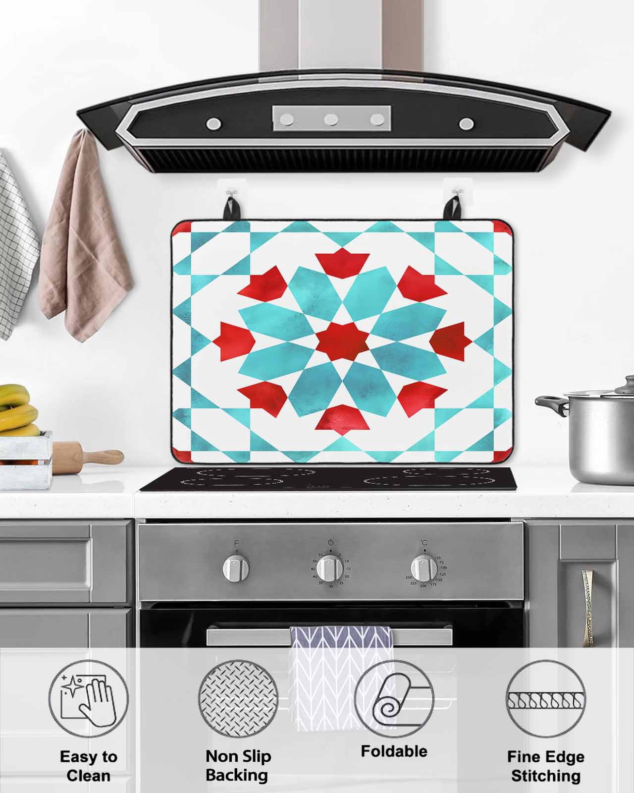 nqOlkjepod Large Induction Cooktop Protector Mat 24"x21", Boho Geometric Stove Top Covers for Electric Stove, Turquoise Red Ethnic Tribal Abstract Pattern Stove Burner Cover Mats Stove Cover