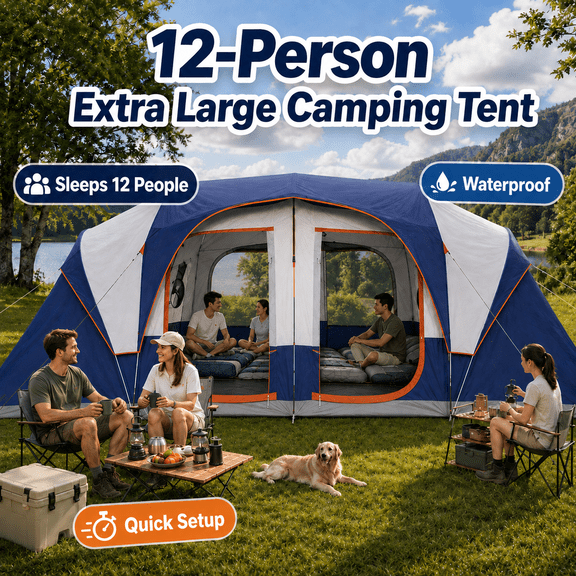 Camping Tent 12 Person Camping Tents, 2/3 Room Weather Resistant Family Cabin Tent, 6 Large Mesh Windows, Double Layer, Divided Curtain for Separated Room, Portable with Carry Bag