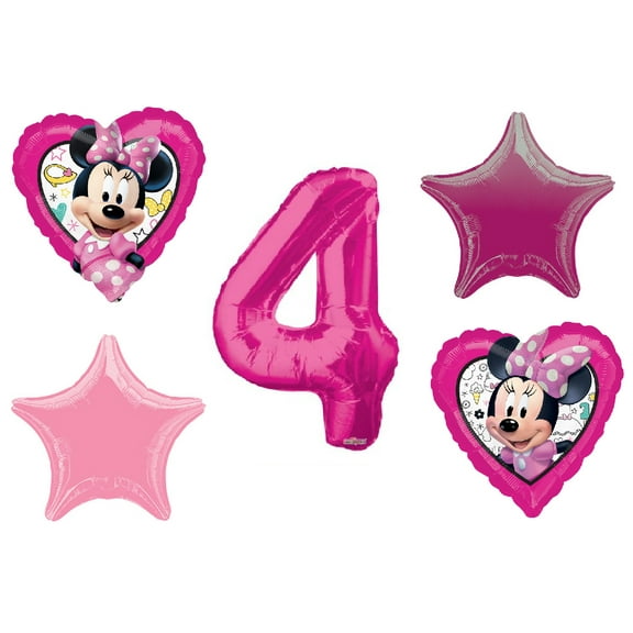 Minnie Mouse Happy HelpersHeart Shaped 4th Birthday Party 5 Piece Mylar Balloons