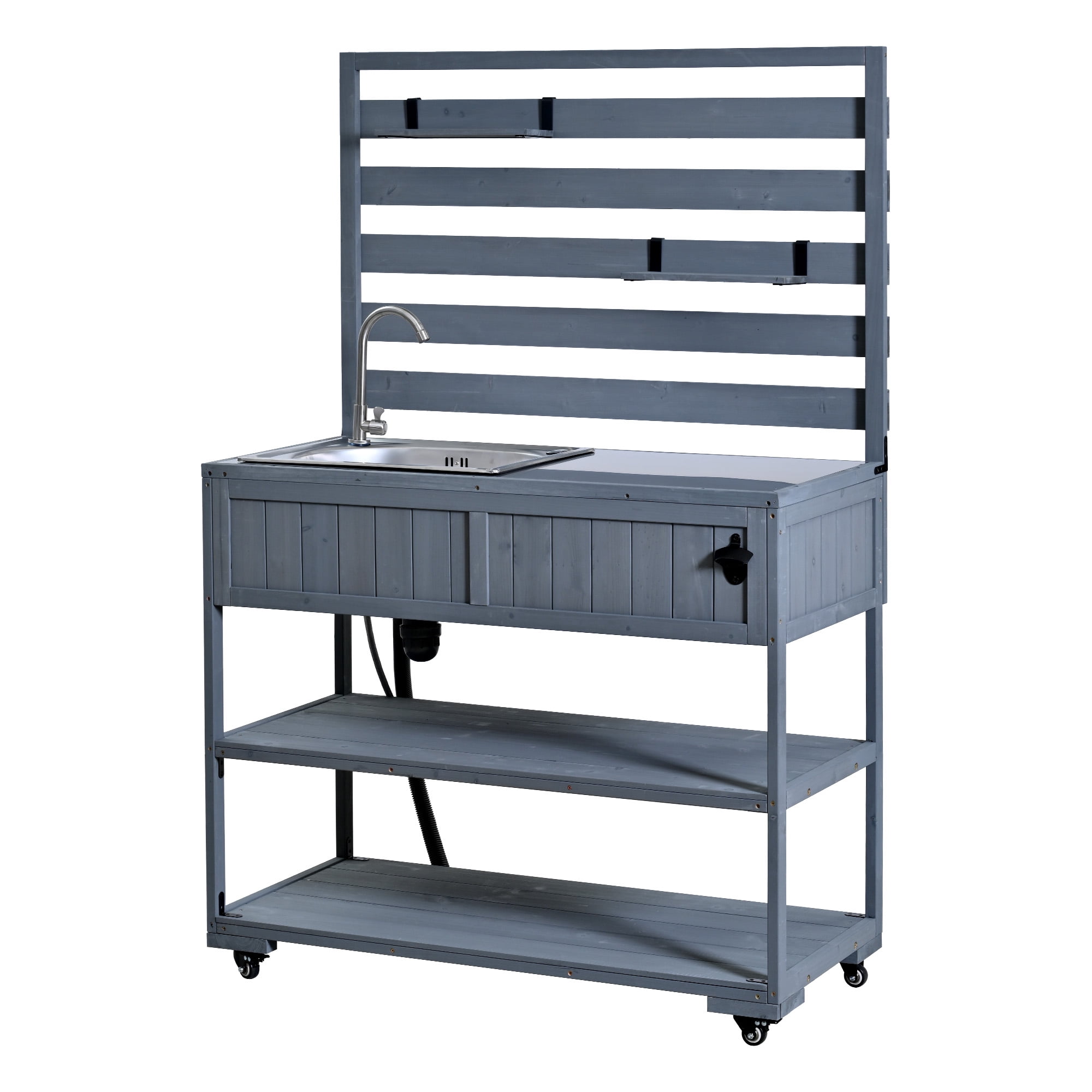 Mintazer Outdoor Rolling Kitchen Island with Sink & Faucet, Garden Potting Bench with Stainless Table Top & 2 Movable Shelves and Bottle Opener, Gray