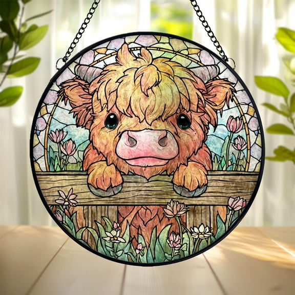 Highland Cow Calf Suncatcher, Stained Glass Style Acrylic Window Hanging, Rustic Farmhouse Animal Decor Gift