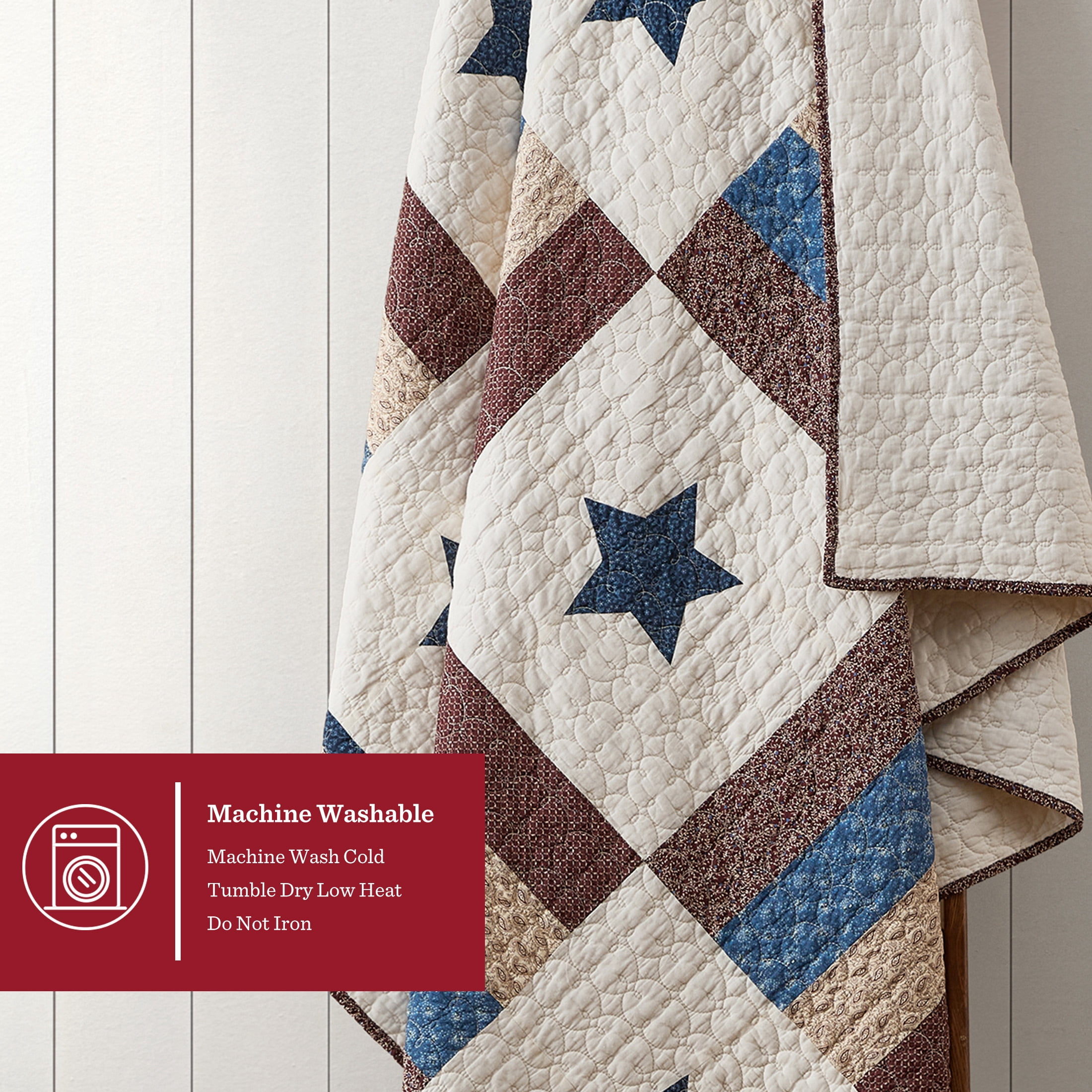 Country Home Queen Quilt Set, 100% Cotton & Reversible, Americana Stars Patchwork, 3-Piece
