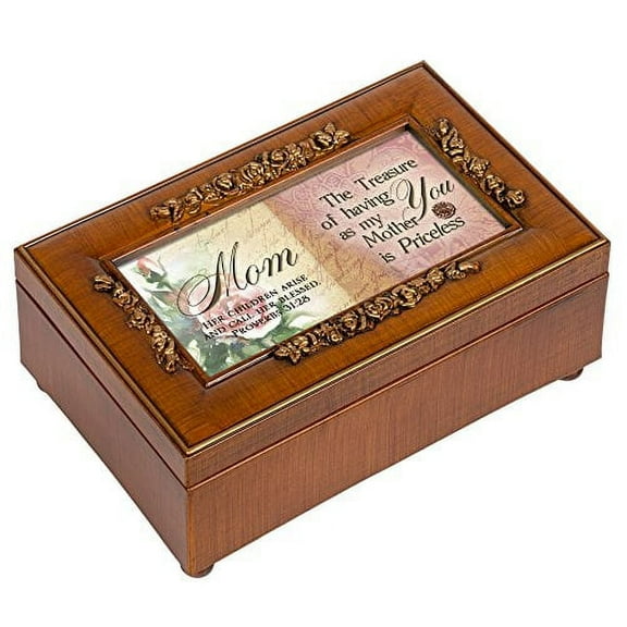 Cottage Garden Mom Having You as Mother Priceless Woodgrain Embossed Jewelry Music Box Plays Amazing Grace