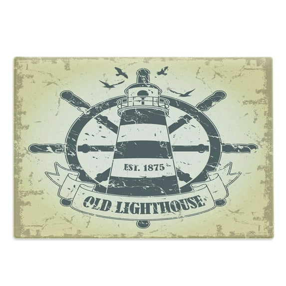Nautical Cutting Board, Retro Coastal Lighthouse Ship Helm Wheel Antiqued Seabirds Seagulls, Decorative Tempered Glass Cutting and Serving Board, Large Size, Grey Yelloe Slate Blue, by Ambesonne