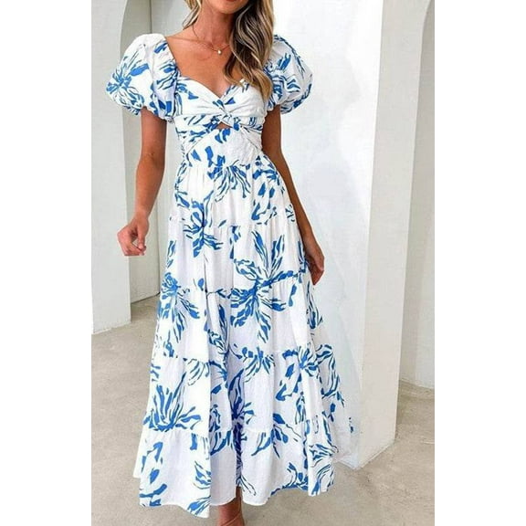 Miss Sparkling Puff Sleeve Square Neck Floral Maxi Dress- Rosa Apparel