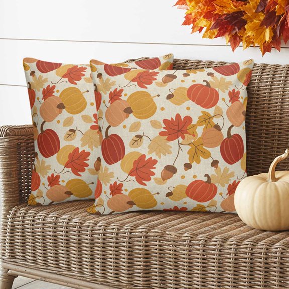 2 Pack Outdoor Waterproof Throw Pillow Covers,Autumn Orange Pumpkin Watercolor Maple Leaves Decorative Square Pillow Case Patio Pillowcases for Chair Couch Sofa 16x16in