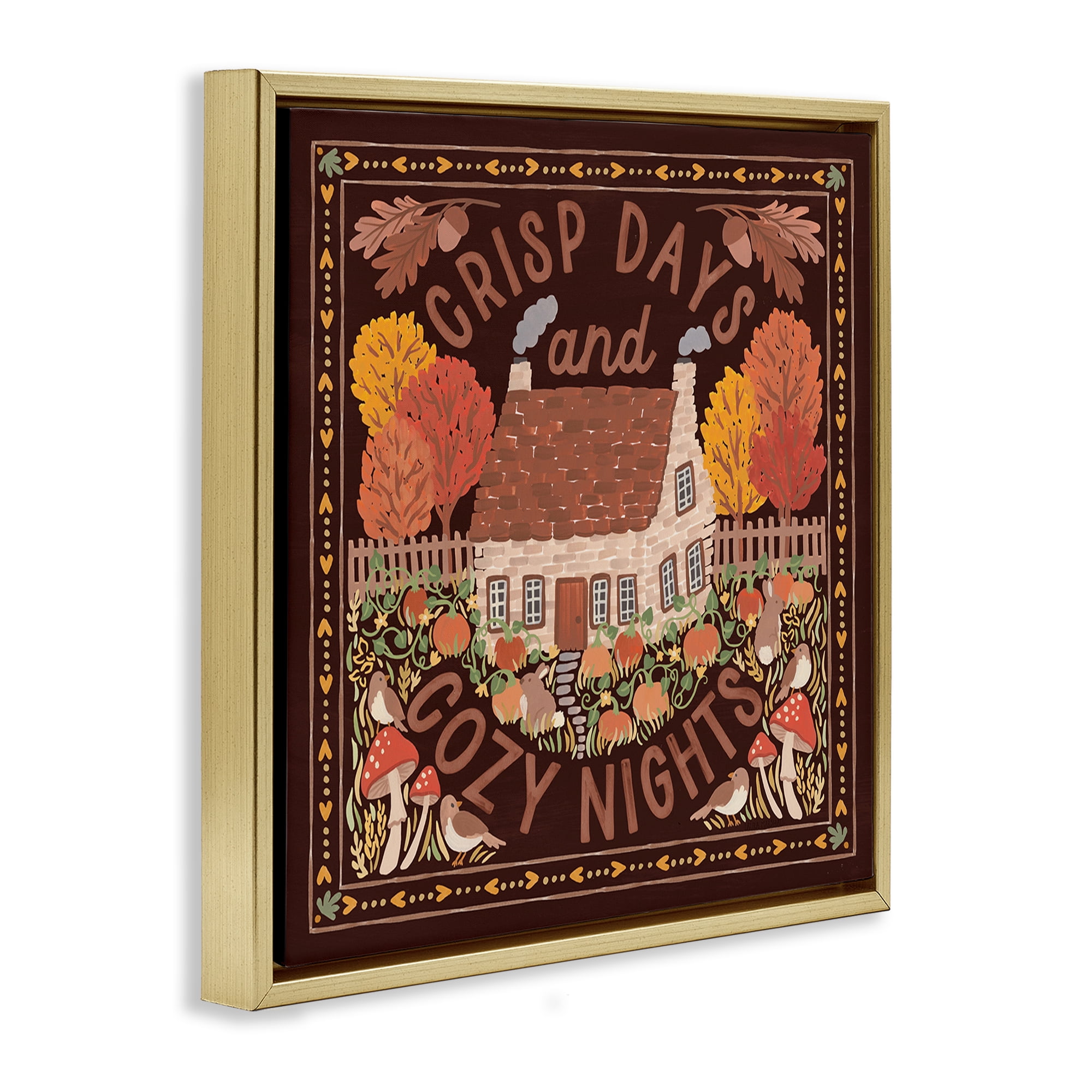 Stupell Industries Crisp Days Fall Phrase Landscape Painting Gold Floater Framed Art Print Wall Art, 18 x 18