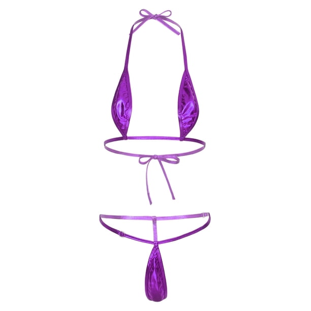 Women Glossy Bikini Lingerie Set Swimwear Micro Bra Top with G-String Sexy Biquini Sunbathing Bathing Suit Swimsuit BeachwearOne Size Gong Bohan LED