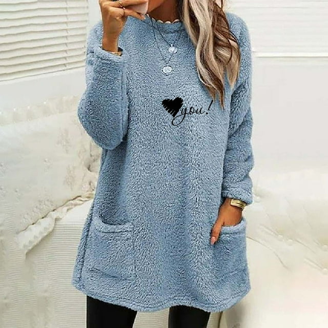 Hauts pour Femmes Col Rond et Hiver Ample Imprimé Poche Chaud Manches Longues Blouse Hauts Halloween Chandail en Molleton Col Rond en Solde