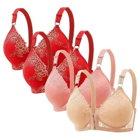 Gnurob Front Closure Lace Bras for Women 4 PC Wirfree Seamless Bralettes Buckle Bralette Back Smoothing Bra Comfort Breathable Brassiere Everyday Wear Clearance Saving Watermelon Red Large