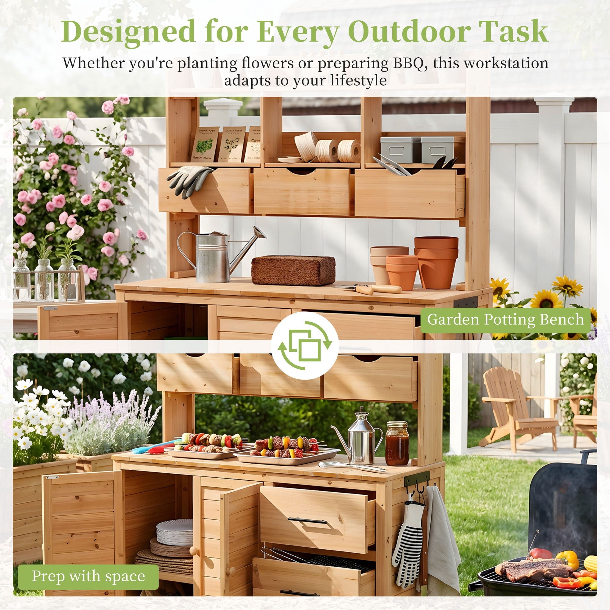 Sailvan 65" Solid Wood Patio Kitchen Island & Garden Potting Bench,Outdoor Grill Prep Station with 6 Drawers,Storage Cabinet and Hutch Natural Wood