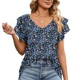thumbnail image 1 of Camisetas con cuello en V para mujer, camisetas de verano informales con estampado elegante y volantes dobles, camisetas holgadas de manga corta para mujer, 1 of 6