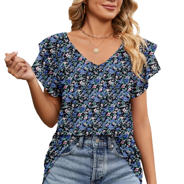 Camisetas con cuello en V para mujer, camisetas de verano informales con estampado elegante y volantes dobles, camisetas holgadas de manga corta para mujer