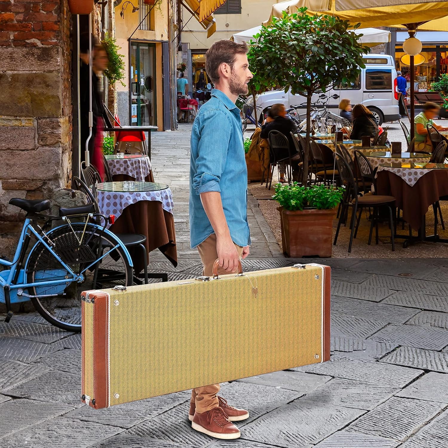 GLARRY ST Deluxe Electric Guitar Hard Shell Case Portable Square Guitar Case Microgroove Flat With Extra Neck & Bridge Padding (Yellow)