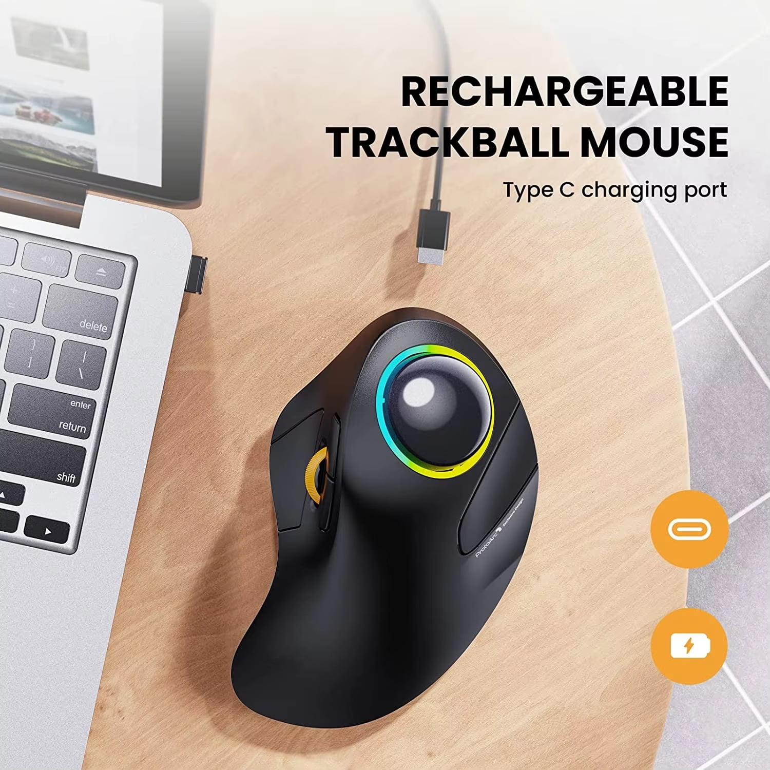 JOMAA EM03 Wireless Bluetooth Trackball Mouse – Ergonomic Rechargeable Rollerball Mouse with RGB Backlight for Windows, Mac, iPad