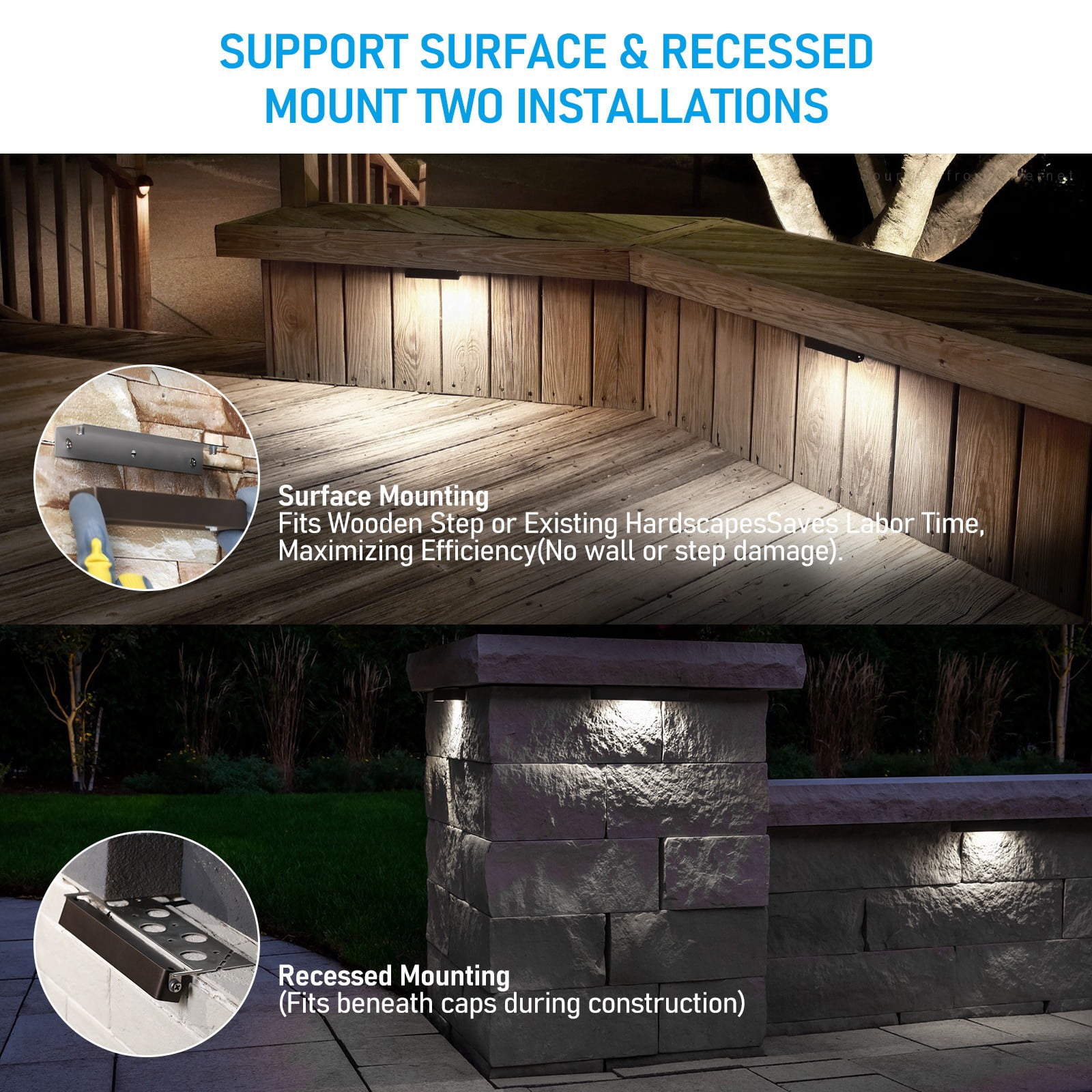 12 Pack LED Low Voltage Hardscape Lighting, 7 Inch Retaining Wall Light, 3W/4W/5W Landscape Step Lights, Surface & Recessed Mounted, 5000K Daylight