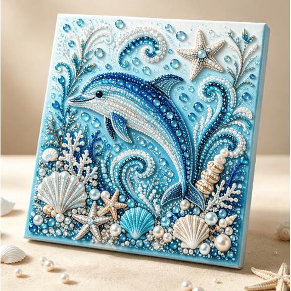 Ocean Theme Pearl Art DIY Kit, DIY Pearl Painting Kit, Ocean Diamond Art for Adults & Beginners, Sparkling Coastal Wall Decor (Dolphin)