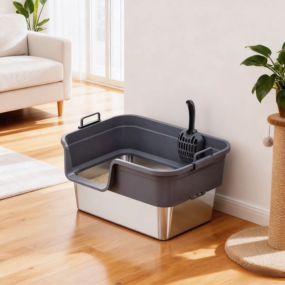 Stainless Steel Leak-Proof Cat Litter Box with Litter Scoop, Gray