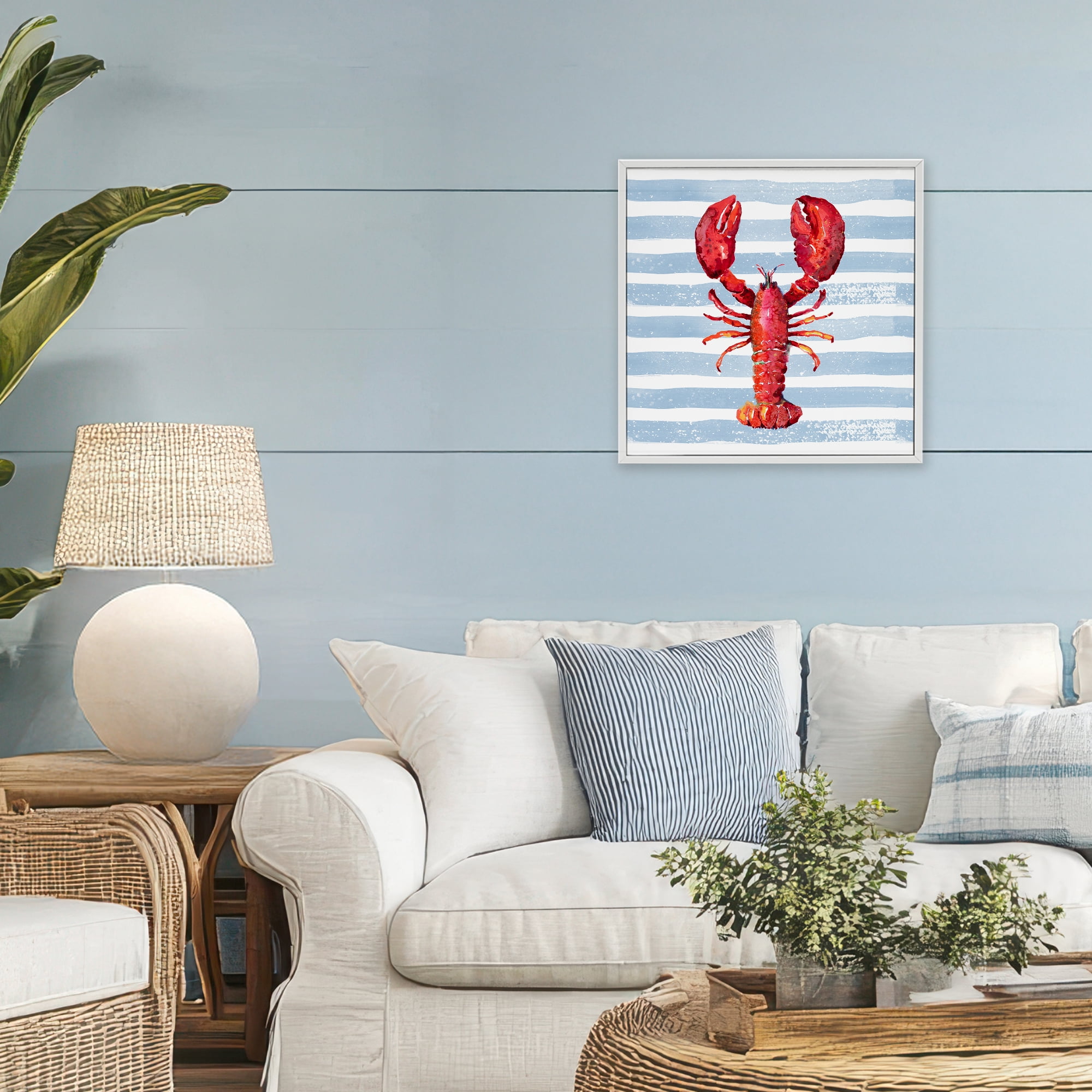 Stupell Industries Red Lobster on Blue Stripes White Framed Giclee Art, design by Patricia Pinto