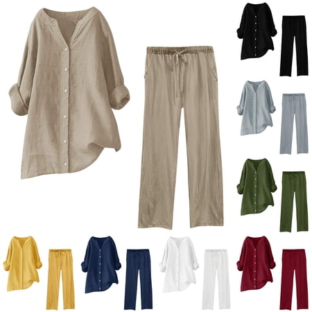 Daznico Women s Solid V Neck Roll Sleeve Button Linen Blouse Drawstring Wide Leg Pocket Pant 2 Piece Outfit Casual Streetwear Trousers Set 4XL
