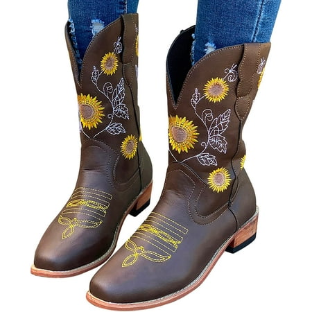 

Womens Platform Ankle Boots Western Cowboy Boot Pointed Toe Fashion Retro Classic Boot Pull-On Low Heel Ankle Booties