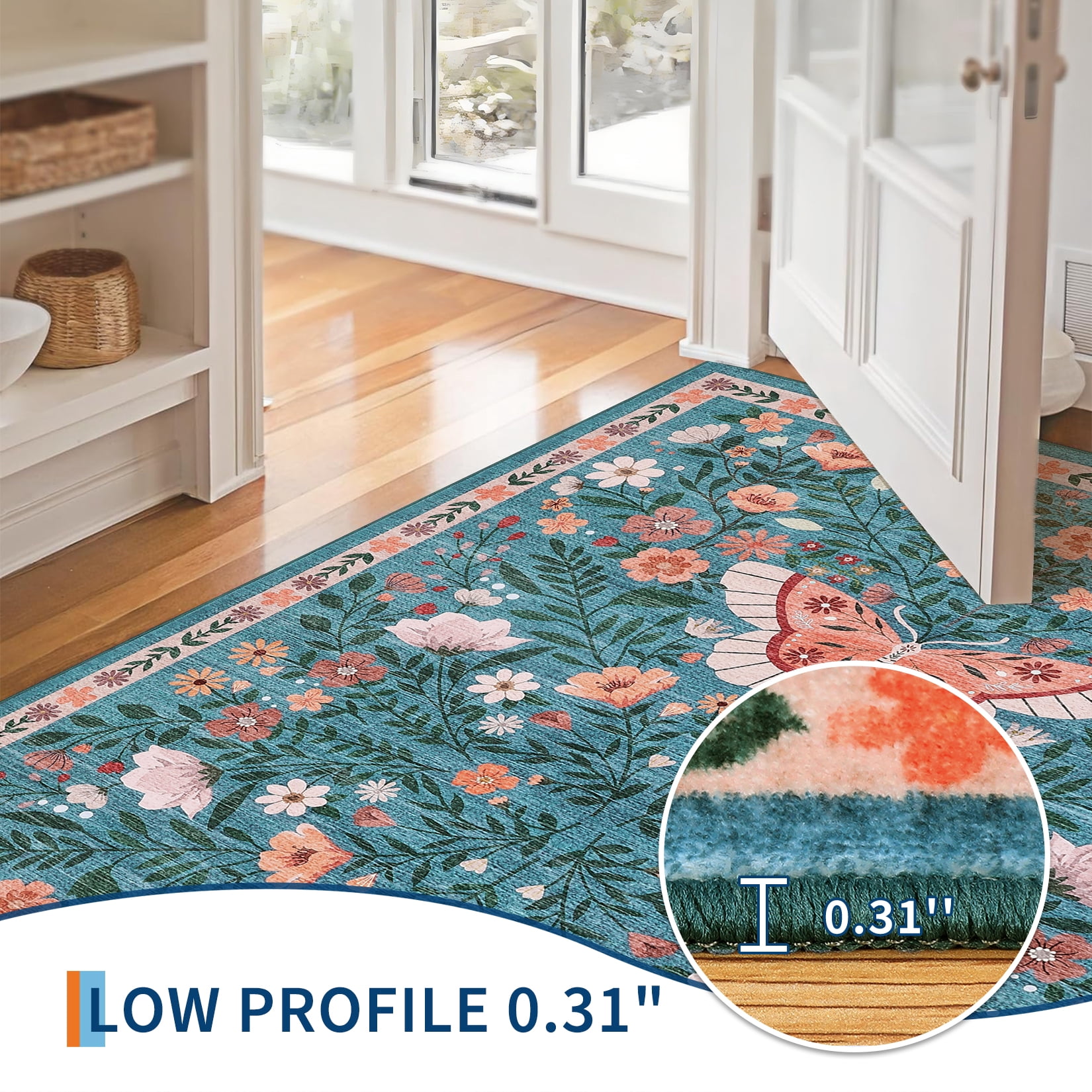 HOMERRY Blue Floral Hallway Runner Rug 2x6 Washable Non Slip Throw Carpet