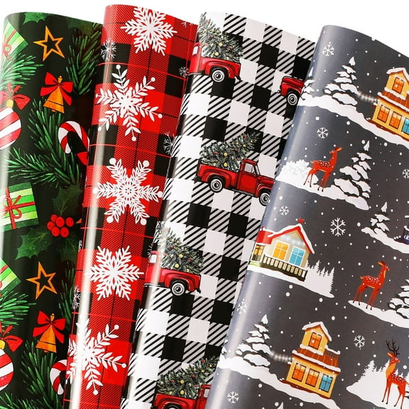 Christmas Wrapping Paper for Men Women Boys Girls Kids - 4 Styles Vintage Xmas Gift Wrap Paper for Birthday New Year Party - 8 Large Sheets, 27 x 37 inch