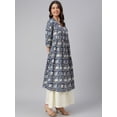 thumbnail image 5 of Janasya Indian Navy Blue Cotton Floral Print Flared 3\4 Sleeves V Neck Calf Length Kurta for Women, 5 of 7