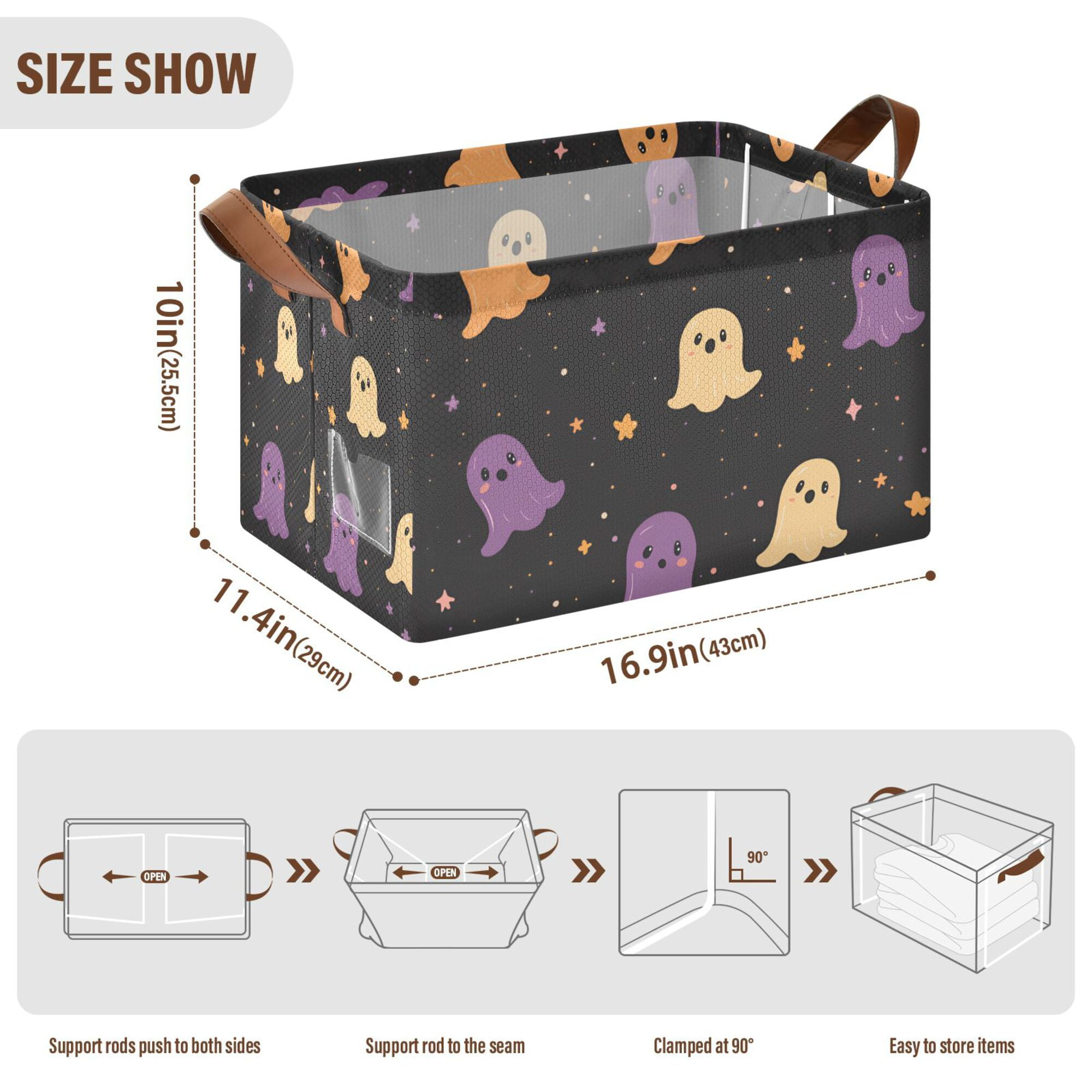 Yayeee Foldable Storage Basket for Shelves with Handles Set of 2 Waterproof Cloth Bins, Black Halloween Ghosts