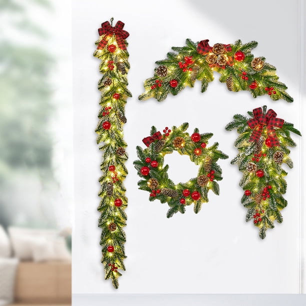 Ganfancp Corona de Navidad con Luces, Corona de Navidad Pre-Iluminada con Cinta, Adornos de Bolas, para Puerta Ventana Manto Decoración Navideña Ofertas de La Semana Guirnalda de Navidad X1, Luces de
