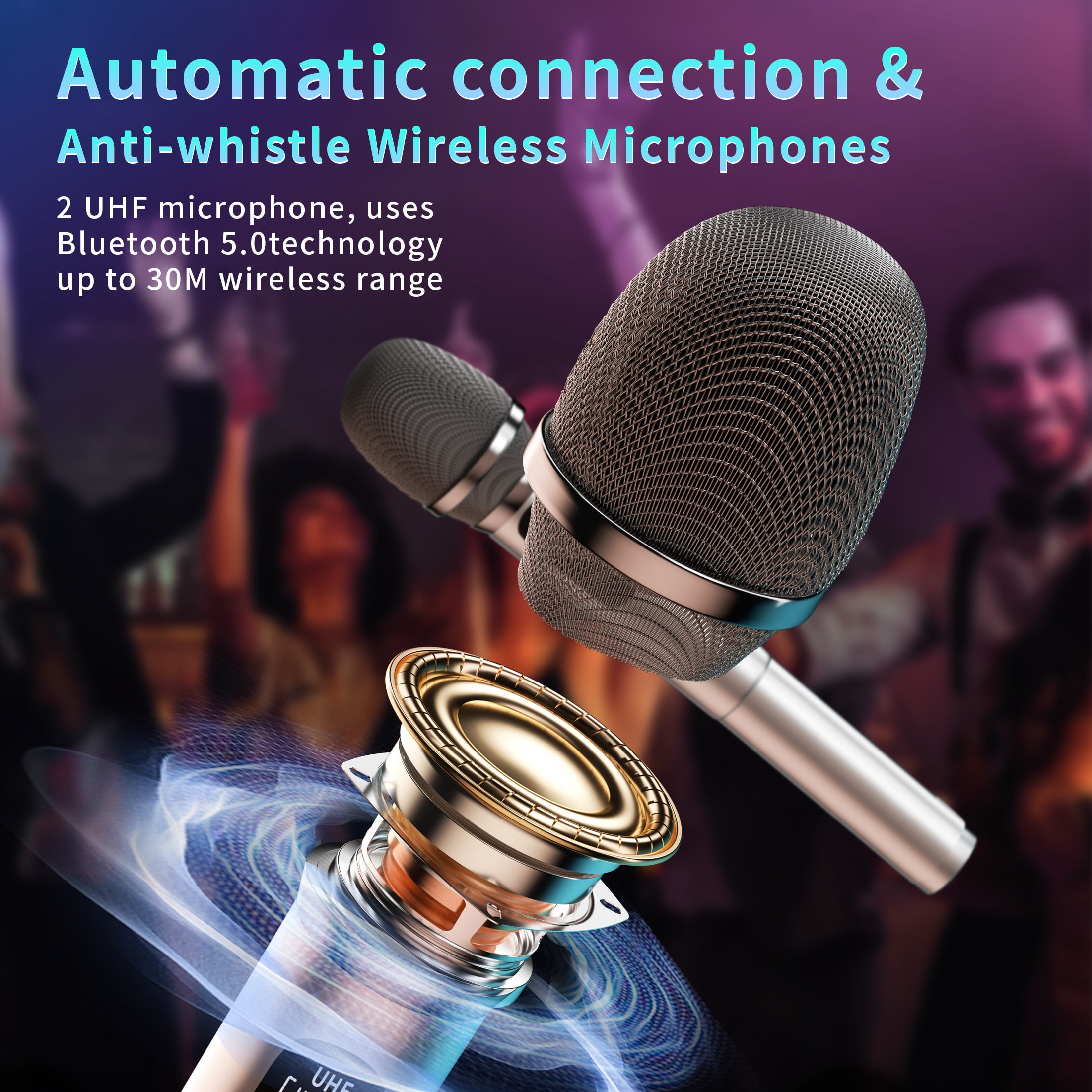 Karaoke Machine with 2 Wireless Karaoke Microphones, Portable Karaoke Speaker with Dual 4-inch woofers, omnidirectional Sound and RGB Colorful Light