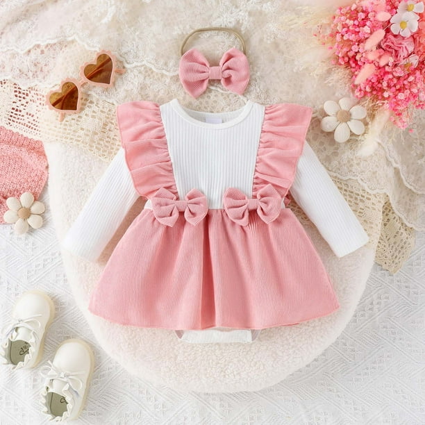 Gibobby Mamelucos para bebe nina Bebe Ninas Manga Larga Volantes Acanalado Faldas Recien Nacido Monos Bowknot Diademas Trajes Rosa 3 6 Meses