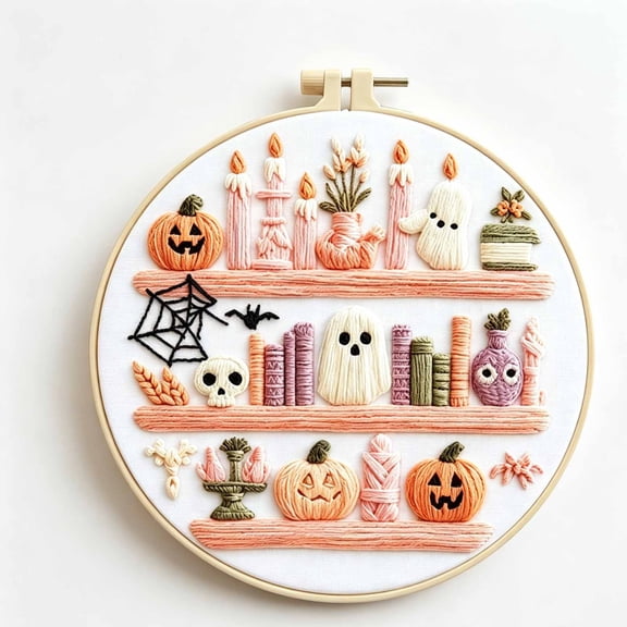 Halloween Embroidery Kit for Beginners and Adults, Cute Bookshelf Cross Stitch DIY Craft Kits for Home Decor