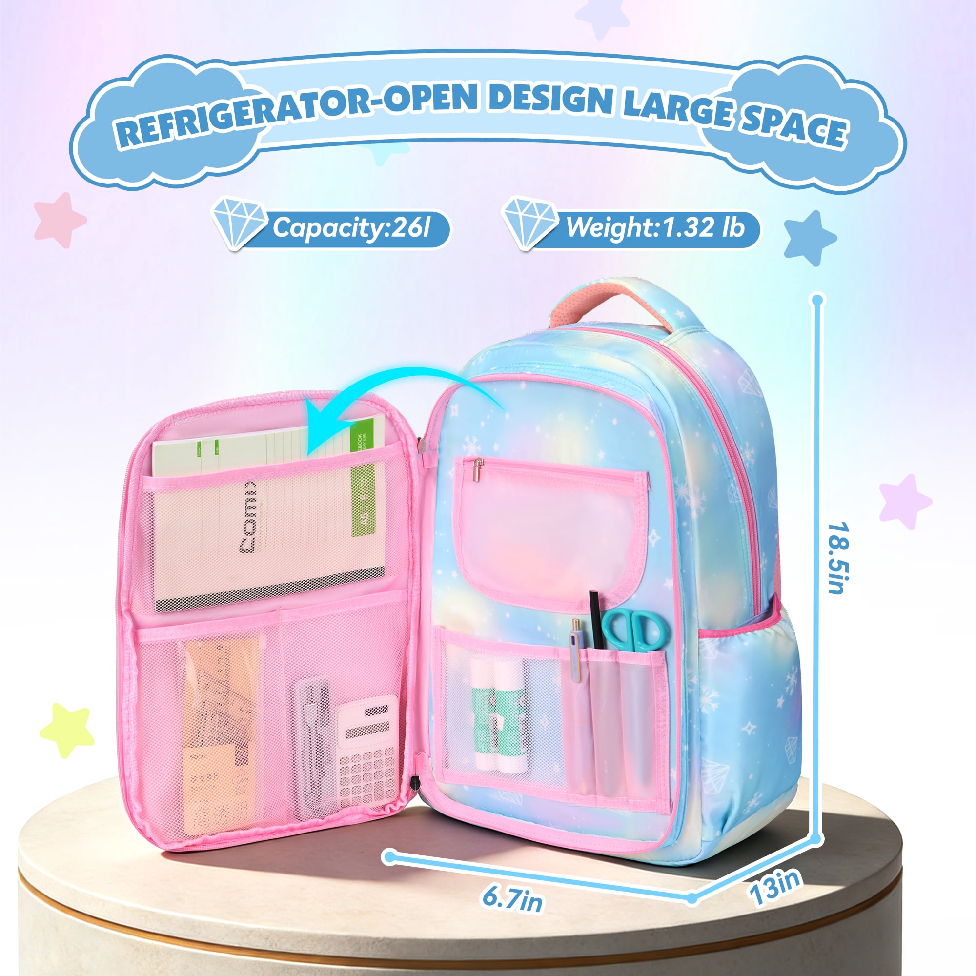 DAKIMOE School Backpack Book Bags Primary Middle School Bags for Kids Girls Teens Back to School Large Bookbags with Multi Pocket for 7-14 Years Pink