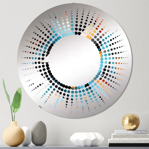 Designart "Optical Play in Orange and Blue II" Geometric Starburst Round Wall Mirror - Oval Printed Decorative Mirror - Multiple Color Options
