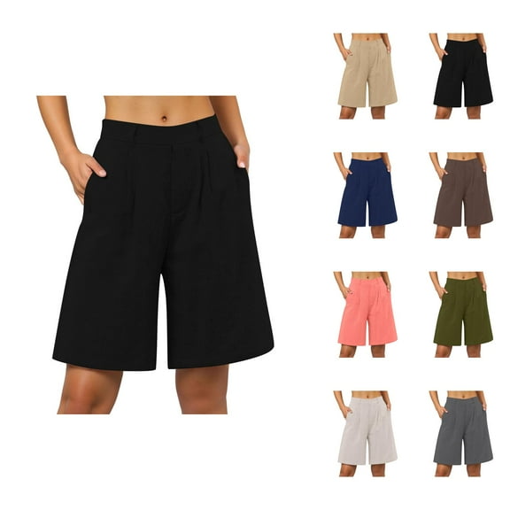 Womens Bermuda Shorts Casual High Waist Pockets Loose Fit Lightweight Knee Length Bermuda Long Shorts for Women