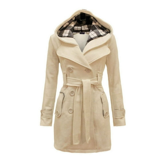 Meichang Pea Coats for Women Plaid Hood Winter Jacket Double-Breasted Thick Warm Wool Coat Casual Military Jacket Mid Length Overcoat with Belt