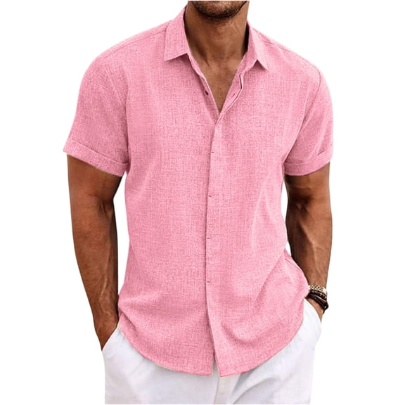 Men's Linen Shirts Short Sleeve Casual Shirts Button Down Shirt for Men Beach Summer Wedding Shirt, #02 Pink, 3XL