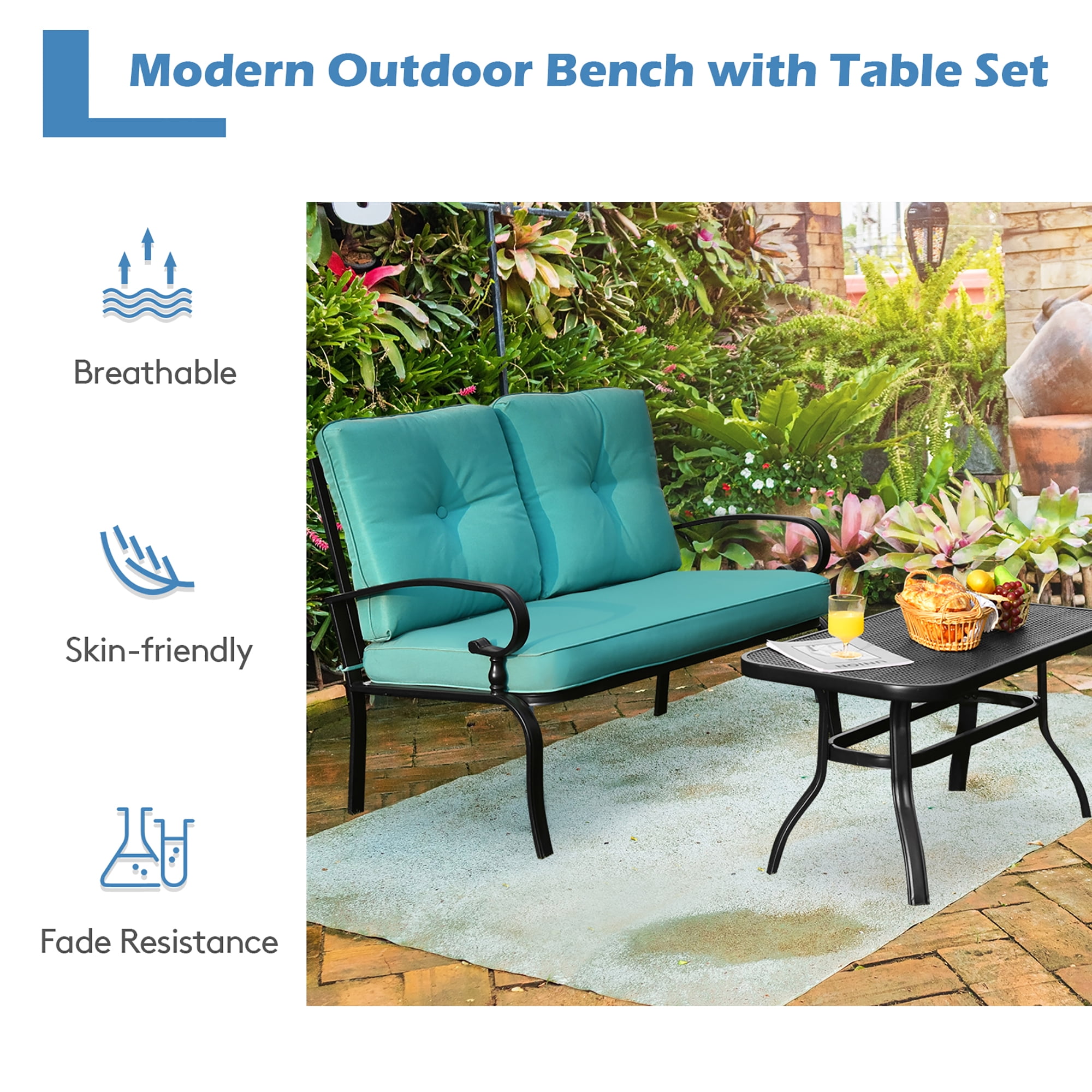 Costway 2PCS Patio Loveseat Bench Table Furniture Set Cushioned Chair Turquoise