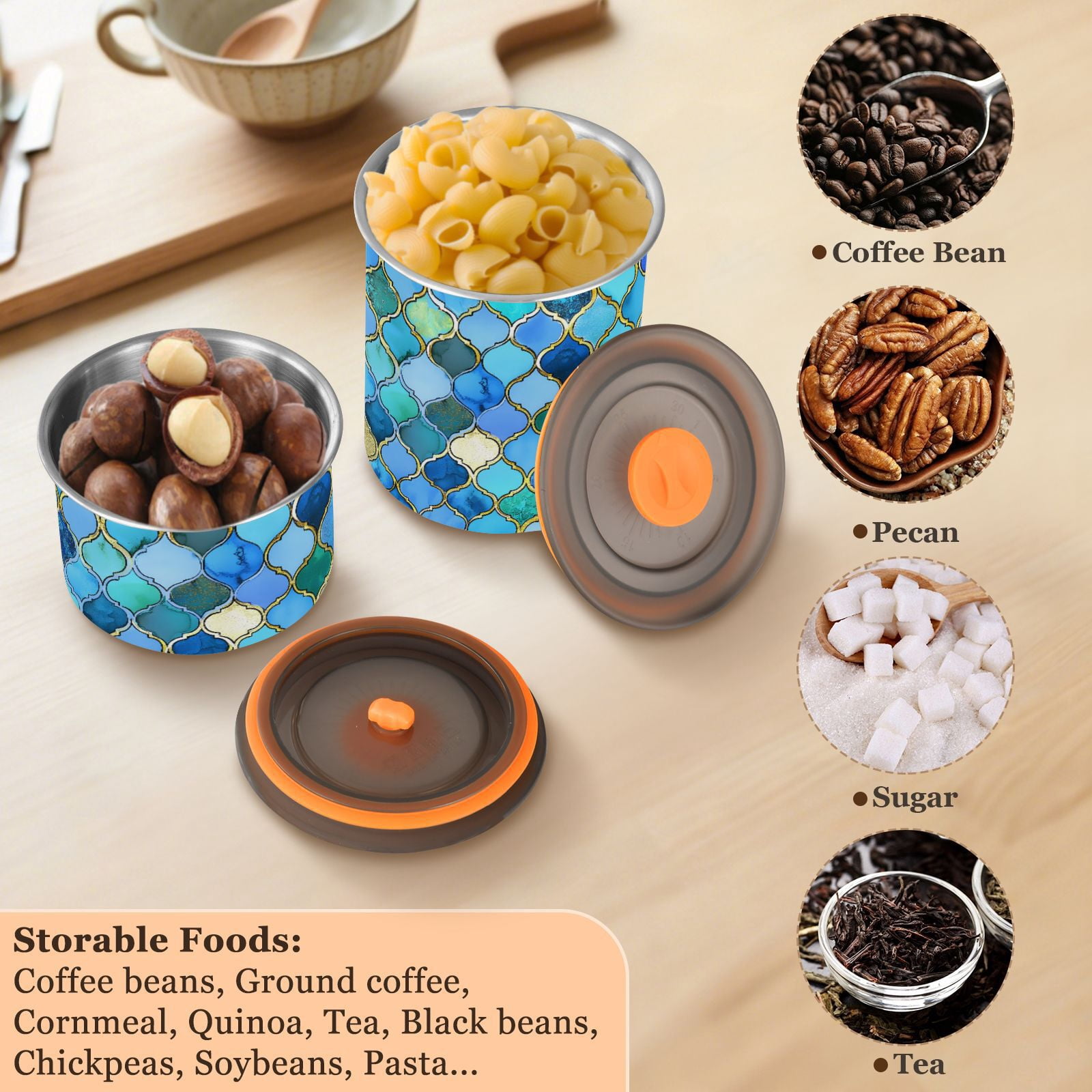 Blue & Gold Moroccan Airtight Coffee Bean Canister 30oz Food Storage Containers with Lids For Gournd, Tea, Sugar, Flour, Rice, Cereal, Candy Cookie Jar